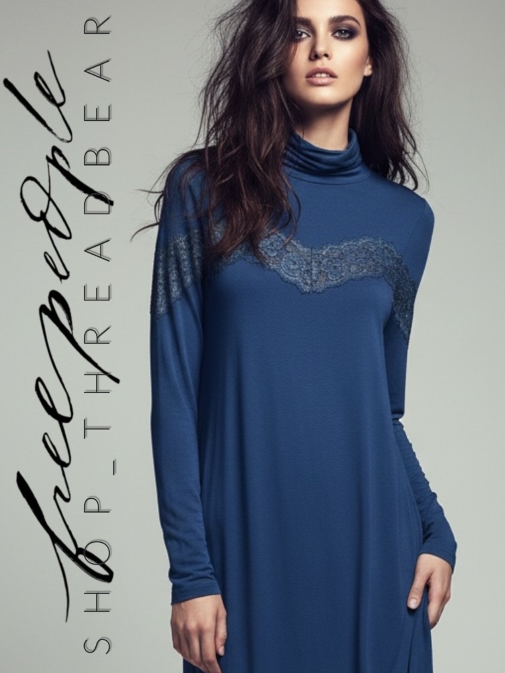 NWOT ✵☽Free People☾✵ RARE! Blue Mock Neck Long Sleeve Lace Tunic Dress | Medium